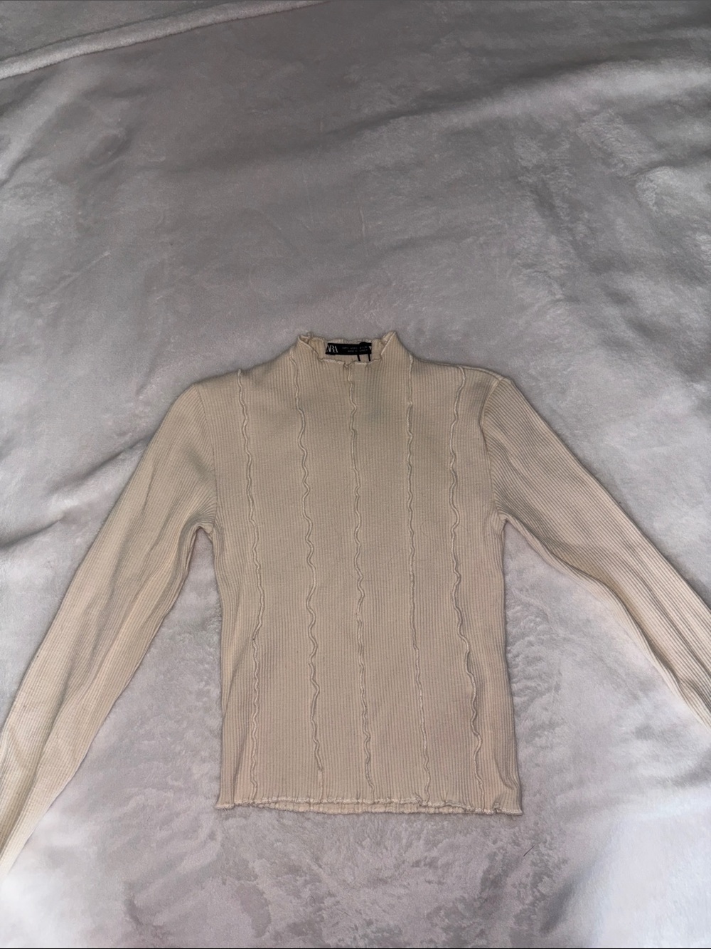 Zara Cream Ribbed Mock Neck Long Sleeve Top